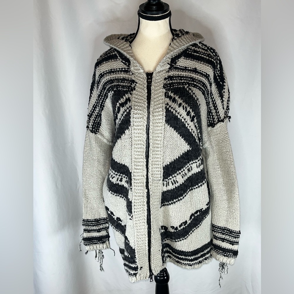 Free People Full Zip Hooded Fringe  Aztec Southwestern Cardigan Sweater Large